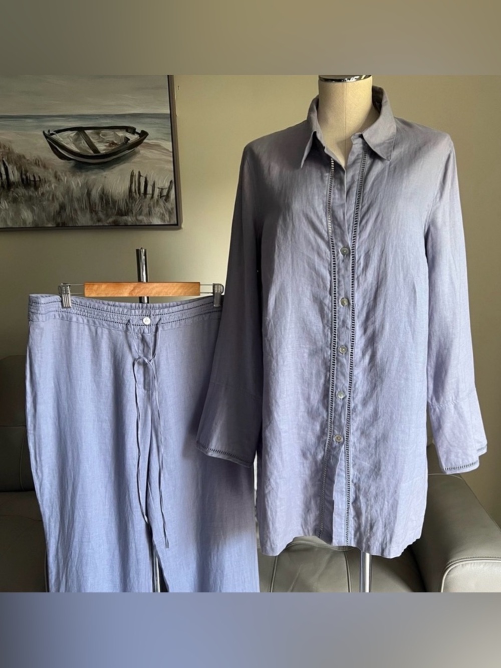 100% Linen Set Sz 14 Button-Up Shirt and Pants Crochet Details Lagenlook Summer
